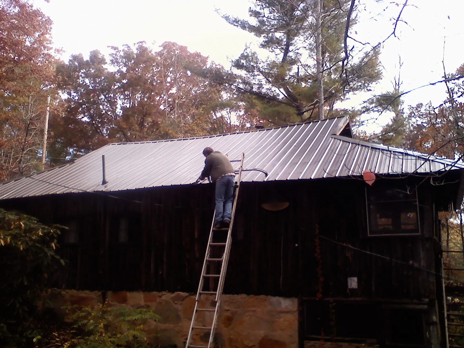 Roofer on a ladder working along the edge of a cabin metal roof in Buchanan